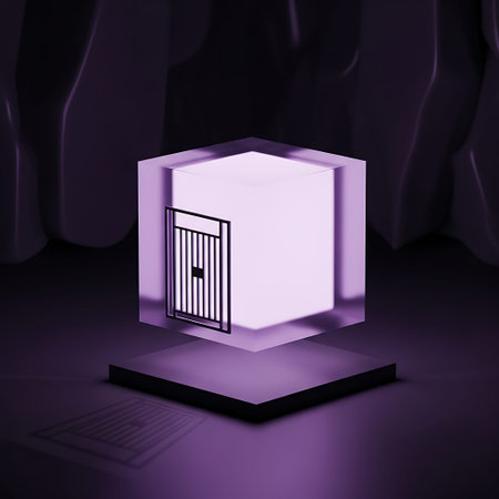 Futuristic translucent glass portal cube glowing purple in dark void.