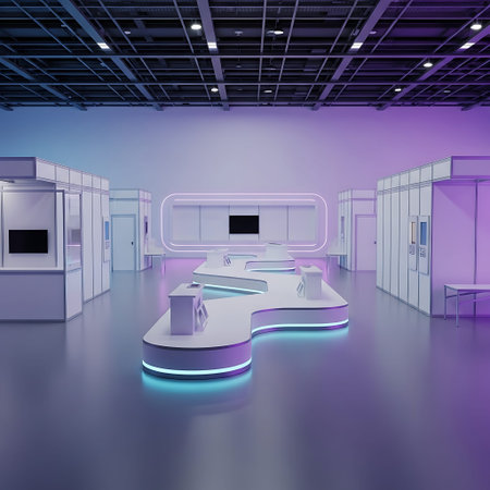 Empty Futuristic Showroom 3D Render, S-Curved Display Platform, Purple Lighting.