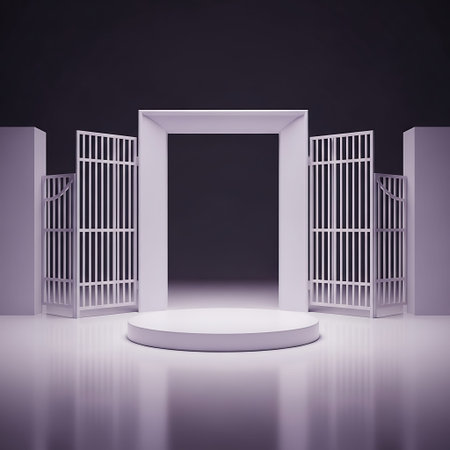 Vast minimalist 3D exhibition, white entrance, circular pedestal.