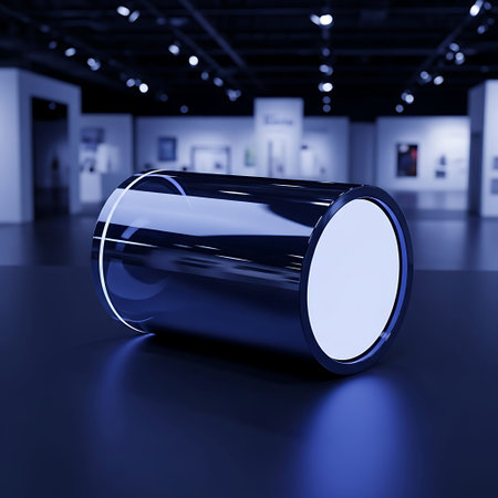 Reflective black acrylic display cylinder mockup with indigo cinematic lighting.