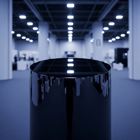 Reflective black acrylic display cylinder mockup with indigo cinematic lighting.の写真素材