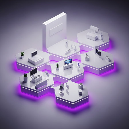 Futuristic geometric trade show booth design, UV neon illuminated display.