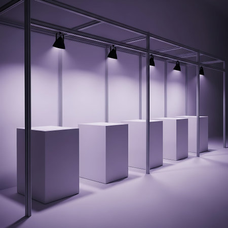 Five empty minimalist plinths, violet spotlight, modular exhibition stand, 3D render.