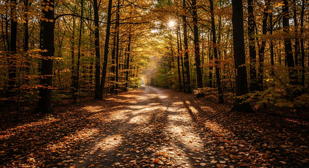 Sunlight in the autumn forest. Autumn landscape. Sun rays through the trees.