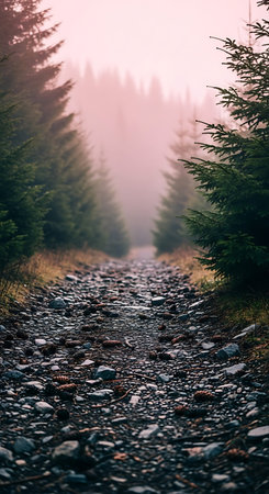 Path in the fog in the mountains. Beautiful summer landscape. Carpathians, Ukraine