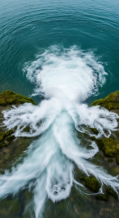 Abstract Swirling Foam Where White Waterfall Meets Calm Turquoise Lake Water.