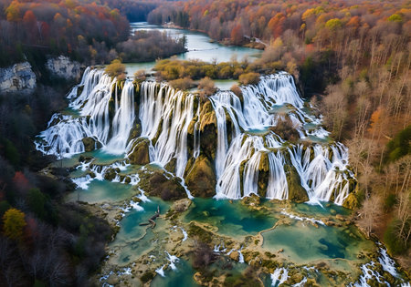 Majestic Tiered Waterfalls Contrast Turquoise Spring Water and Autumn Foliage.