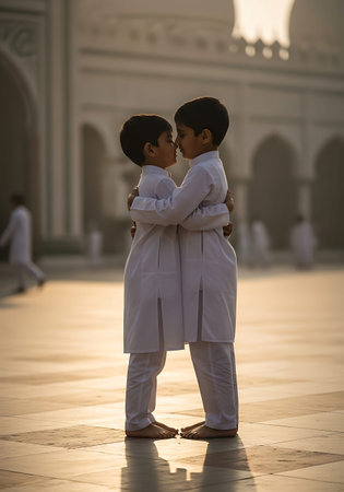 Silhouetted Young Muslim Brothers Hugging Tightly After Eid Morning Prayer.