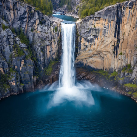 Spectacular Geological Striations Frame Sheer Drop of Crystal Waterfall Basin.