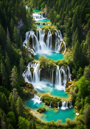 Spectacular multi-tiered waterfall feeds vibrant glacial pools in temperate forest.