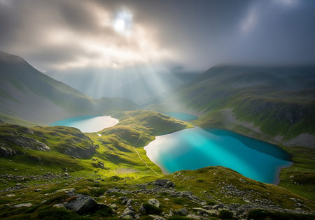 Aerial view of misty turquoise alpine lakes and sunlit mossy rocks.