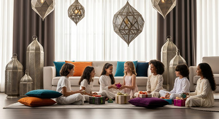 Bright Living Room Decorated for Eid, Children Exchange Festive Holiday Gifts.