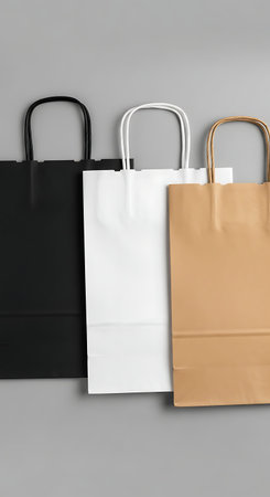 Retail mockup: three blank paper shopping bags template background.