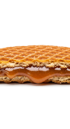 Delicious Dutch caramel Stroopwafel cross-section isolated on white.の写真素材