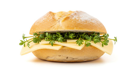 Studio shot of isolated Dutch cheese roll with fresh cress.の写真素材