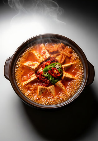 Dramatic Overhead View of Bubbling Spicy Korean Kimchi Jjigae Stew.の写真素材