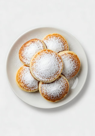 Freshly made Poffertjes mini pancakes dusted with sugar on white plate.の写真素材