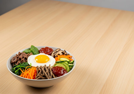 Bibimbap - Korean salad with beef, egg and vegetablesの写真素材