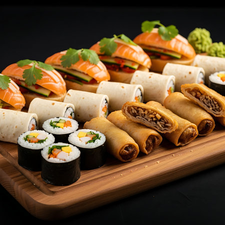 sushi set on a wooden board on a black background, vertical