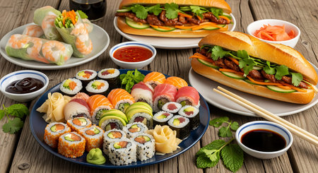 Sushi set on a wooden background. Sushi rolls, sashimi, sushi rolls, chopsticks, soy sauce.