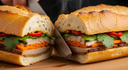 Close-up of a person's hand cutting a sandwich.の写真素材