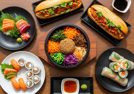 Top view of japanese food set on wooden table background.