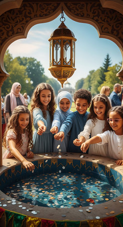 Group of happy diverse children toss lucky Eidiya coins into well.