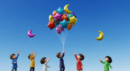 Dynamic vector graphic: children celebrate Eid with star and crescent balloons.の写真素材