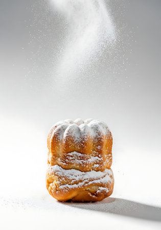Dramatic Cannolo Siciliano dessert, powdered sugar dusting, vertical presentation, white background.の写真素材
