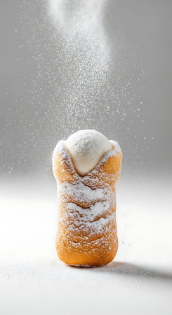 Dramatic Cannolo Siciliano dessert, powdered sugar dusting, vertical presentation, white background.