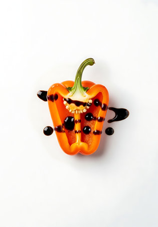 Minimalist roasted Italian sweet bell pepper half with balsamic glaze.