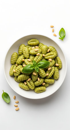 Vibrant Green Pesto Gnocchi Bowl with Pine Nuts and Basil.の写真素材