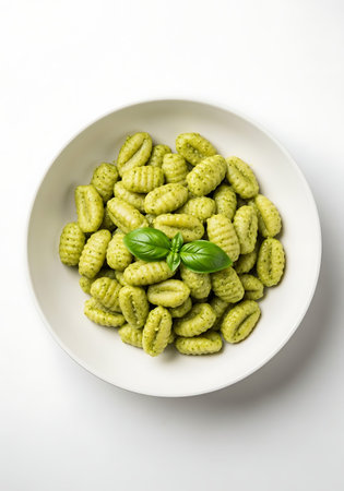 pasta with pesto sauce and basil in a bowl on white background