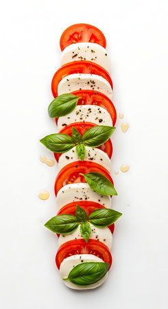 Deconstructed Caprese salad isolated: mozzarella, heirloom tomatoes, and basil rows.