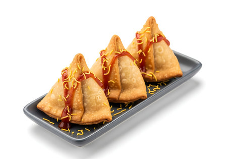 Hyper-realistic Golden Flaky Samosas with Chutney and Sev on Slate Dish.の写真素材