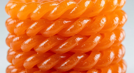 Brightly lit commercial shot of stacked syrupy orange Jalebi spirals.