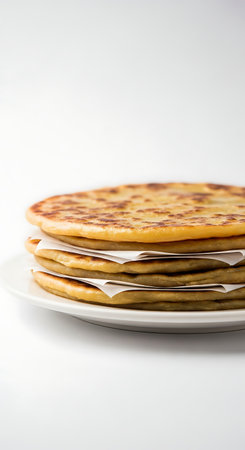 Three Glossy Layered Aloo Parathas Brushed with Ghee, Isolated Studio Shot.