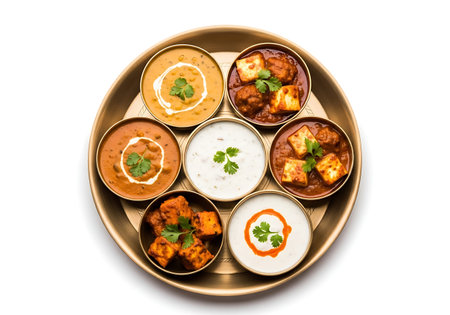 Delicious North Indian Thali, Overhead Isolated Studio Shot on Brass Plate.