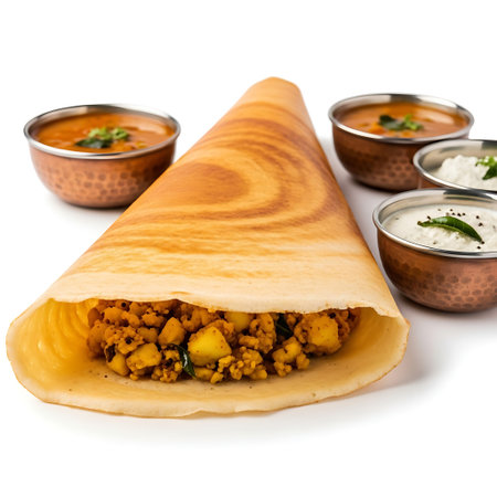 Crispy Golden Masala Dosa Macro with Spiced Potato Filling and Chutney.