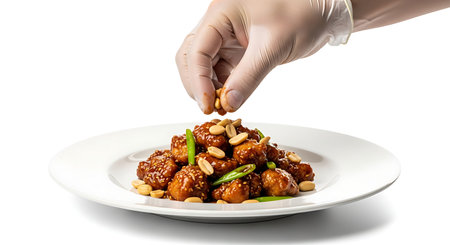 Professional chef garnishing Kung Pao Chicken isolated on white background.の写真素材