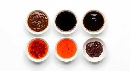 Flat lay of distinct Asian dipping sauces in white bowls, isolated.の写真素材