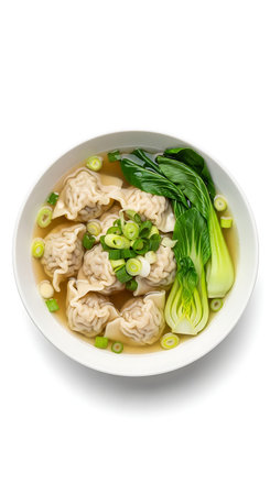 Isolated overhead shot steaming wonton soup, bok choy, white background.の写真素材