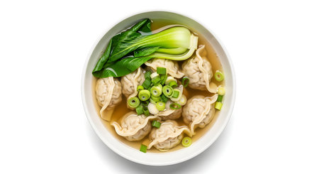 Isolated overhead shot steaming wonton soup, bok choy, white background.の写真素材