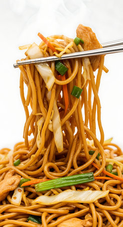 Delicious Isolated Chinese Chow Mein Noodles Lifted with Chopsticks.