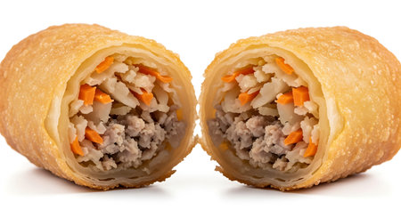 Extreme close-up: Halved golden brown spring roll filling isolated on white.