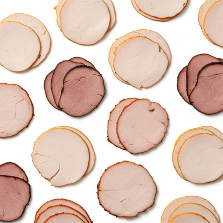 Gourmet arrangement of cold sliced turkey cuts creating a food pattern.の写真素材