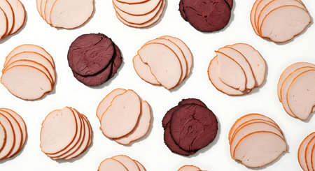 Gourmet arrangement of cold sliced turkey cuts creating a food pattern.