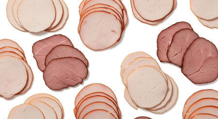 Gourmet arrangement of cold sliced turkey cuts creating a food pattern.の写真素材