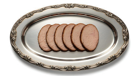 Isolated cooked turkey slices served on elegant antique silver platter.
