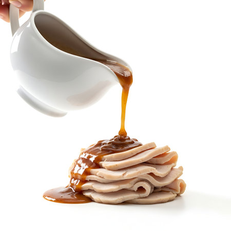 Pouring caramel sauce on a slice of boiled chicken isolated on white backgroundの写真素材